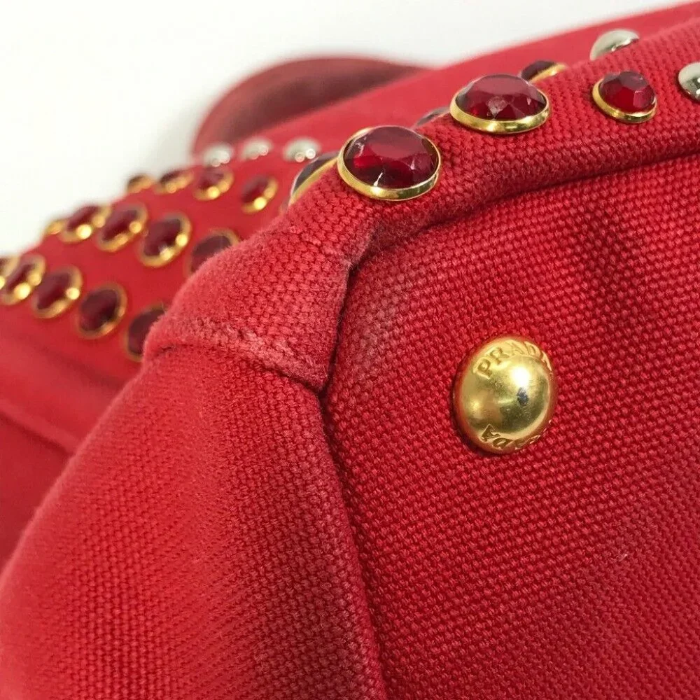 PRADA triangle logo plate Kanapa GM Bijoux Hand Bag Tote Bag Canvas Red - Picture 16 of 16